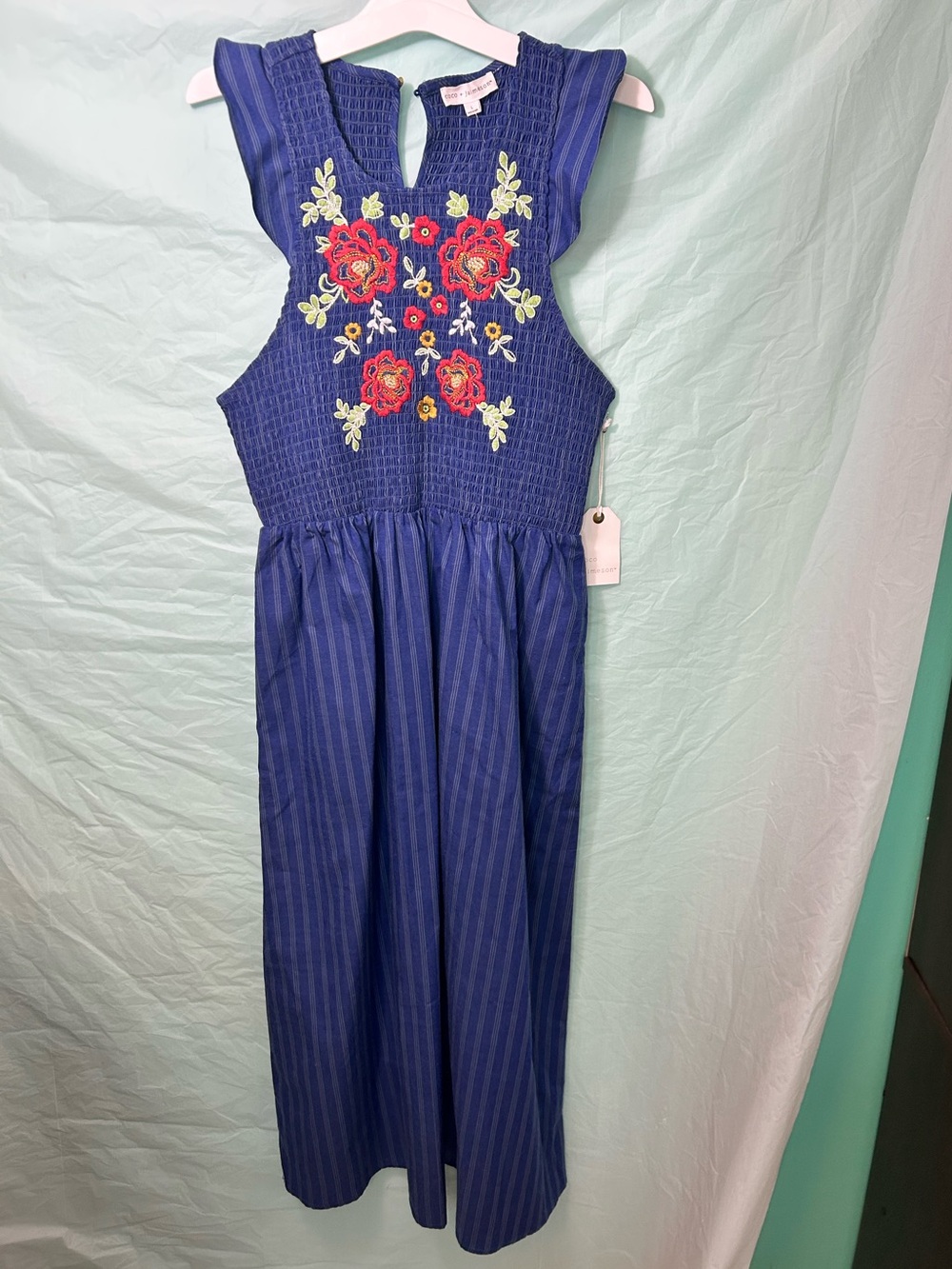 Embroidered Navy Midi Dress with Floral Appliqué